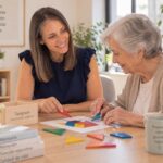 Psicóloga y mujer mayor haciendo un ejercicio de estimulación cognitiva con un tangram