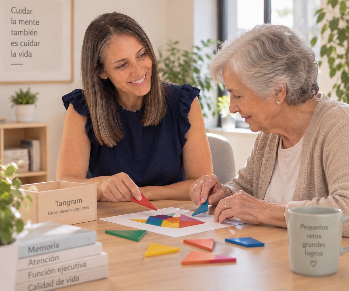 Psicóloga y mujer mayor haciendo un ejercicio de estimulación cognitiva con un tangram