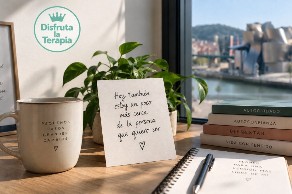 Mesa con taza, nota escrita a mano y libros junto a una ventana con vistas a Bilbao