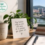 Mesa con taza, nota escrita a mano y libros junto a una ventana con vistas a Bilbao