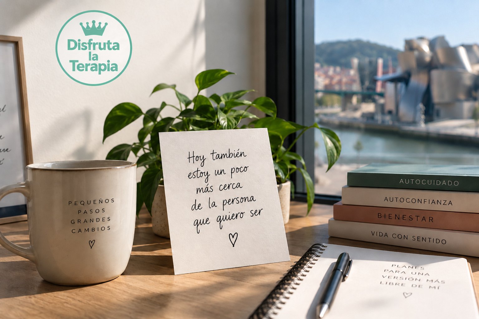 Mesa con taza, nota escrita a mano y libros junto a una ventana con vistas a Bilbao