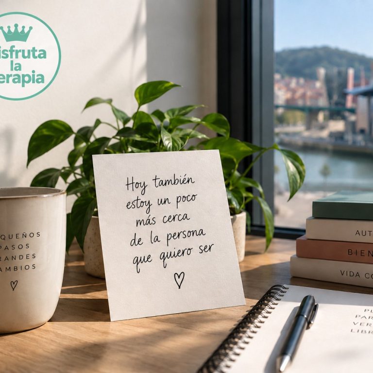 Mesa con taza, nota escrita a mano y libros junto a una ventana con vistas a Bilbao
